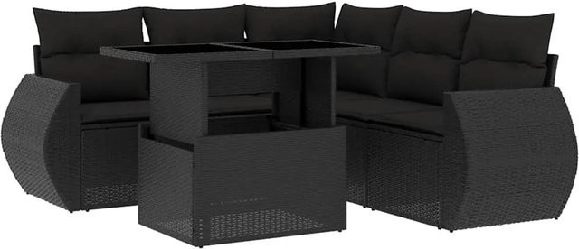 vidaXL 6-teilige Garten-Sofagarnitur in L-Form aus schwarzem Poly-Rattan mit Kissen und pulverbeschichtetem Stahlgestell - Bild 1