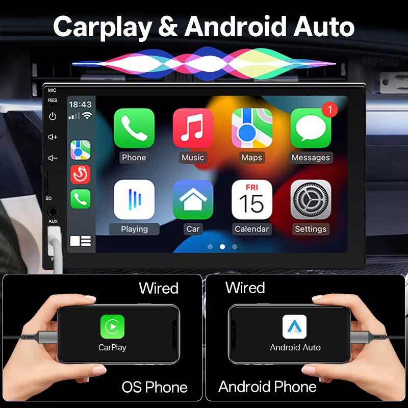 HIPPCRON 1DIN 7-Zoll Auto-Multimedia-Radio MP5-Player mit CarPlay, Android Auto, Mirror Link, Bluetooth, USB und Rückfahrkamera in Schwarz - Bild 2