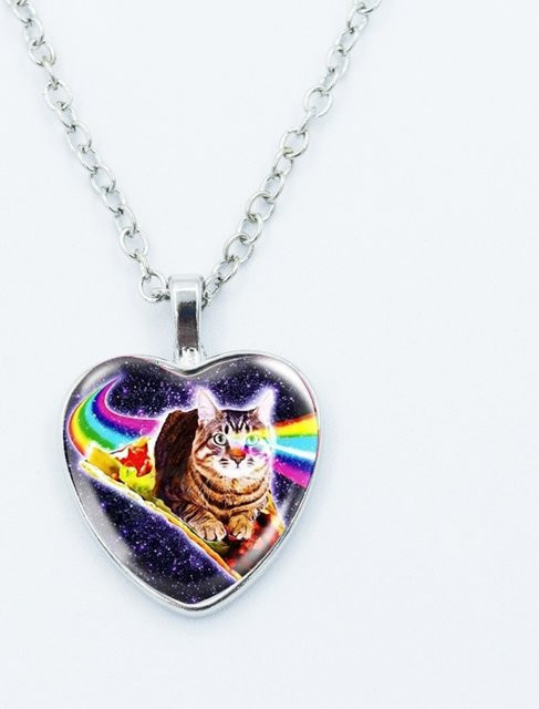 CLWANLUO Halskette, Regenbogen-Alien-Katzen-Herz-Anhänger, Glas, Bunt, Kinder und Frauen - Bild 1