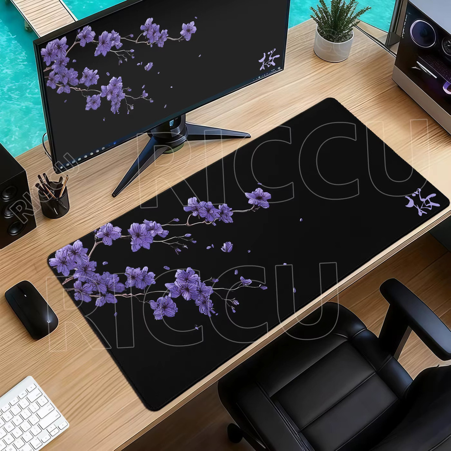 Riccu Gamer Extended Mousepad mit Japanischen Kirschblüten in Schwarz-Weiß - Bild 1