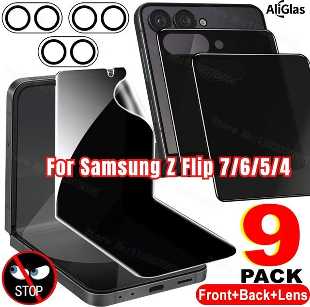9in1 Sichtschutzfolien Set aus gehärtetem Glas für Samsung Galaxy Z Flip 7, 6, 5 und 7 FE inklusive Kameraobjektivschutz, transparent - Bild 1