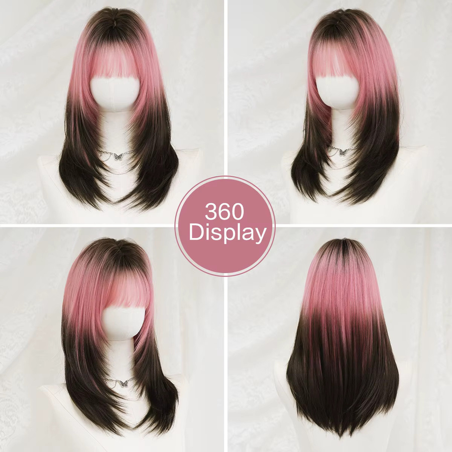 7JHH WIGS Perücke Damen, schulterlang, gerade, schwarz-rosa Ombré, synthetisch - Bild 3