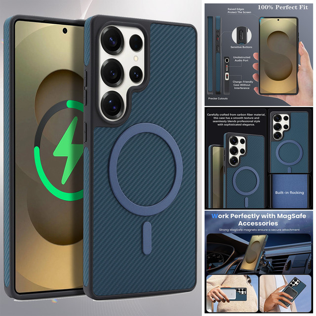 Luxus Ultra Thin Business Schutzhülle aus Carbonfaser und Leder mit Magnetischer MagSafe Funktion für Samsung Galaxy S25 S24 S23 S22 Ultra und Plus in Blau oder Lila - Bild 1