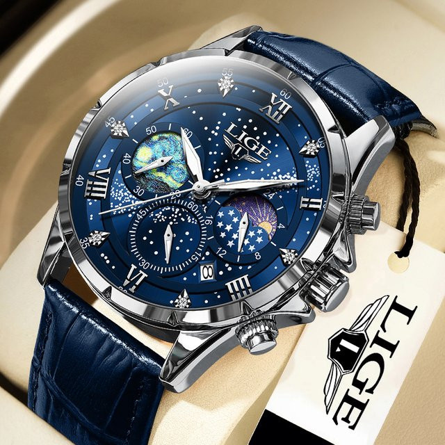 Lige Armbanduhr Chronograph, Mondphase, blau, Leder, Herren - Bild 1
