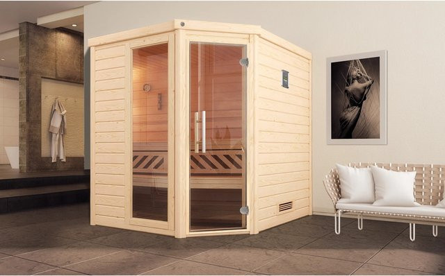 WEKA Massivholzsauna Turku 2 für 6 Personen in Braun inklusive 9 kW Ofen mit externer Steuerung und Sparset mit Glasfenster und Glastür - Bild 3