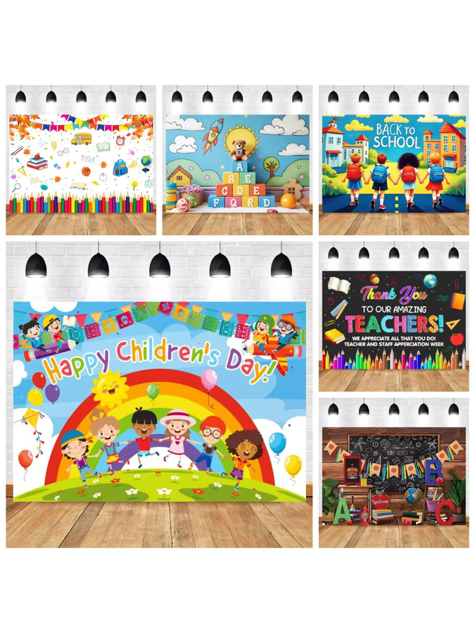 Bonvvie Kindergarten-Fotohintergrund Schulanfang in Multicolour mit Weltkugel, Bücherregal und Tafel - Bild 4