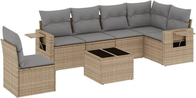 vidaXL 7-teilige Garten-Sofagarnitur in L-Form aus Poly-Rattan mit Kissen in Beige und Hellgrau - Bild 1