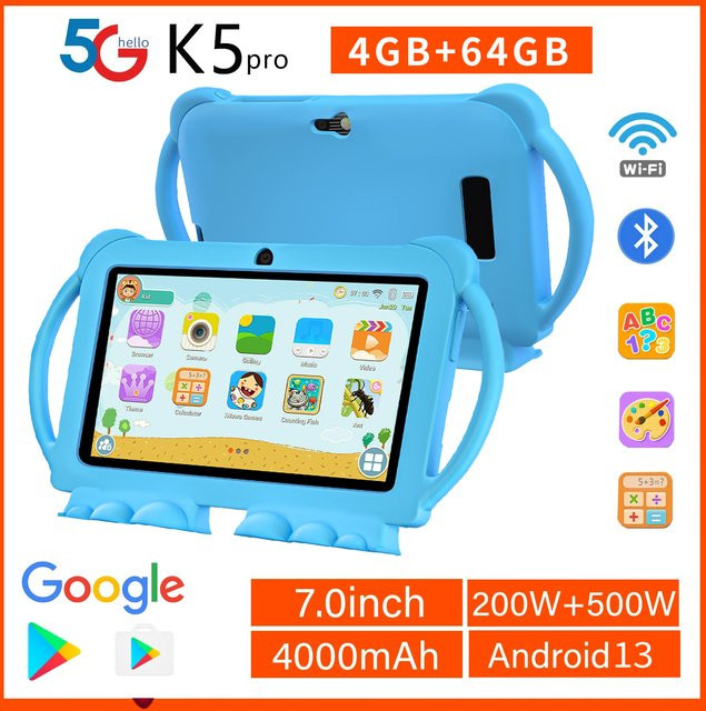 BDF K5 Pro 7-Zoll Kinder-Tablet mit 5G und WLAN, Blau, 64GB ROM, 4GB RAM, Android Lern-Tablet für Kinder mit kindersicherer Cartoon-Hülle - Bild 1