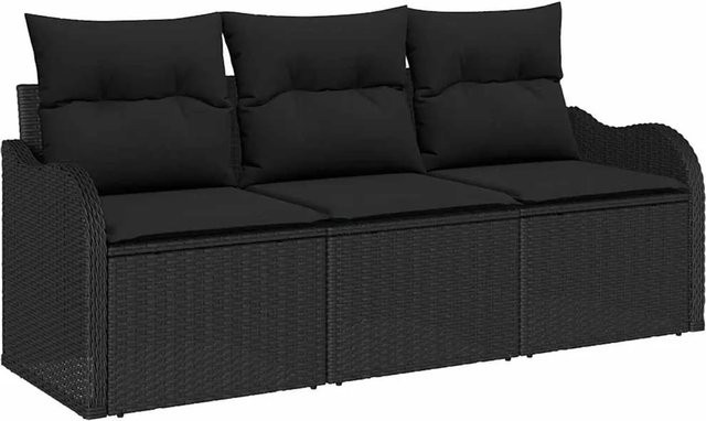 vidaXL Garten-Sofa-Set aus Poly Rattan in Schwarz mit Kissen und Armlehnen, 3-teilig - Bild 1