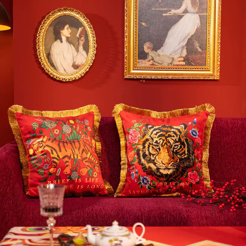 DUNXDECO Dekorative Kissenbezüge aus Samt mit Tiger- und Flora-Print im Dschungel-Stil, Mehrfarbig - Bild 4