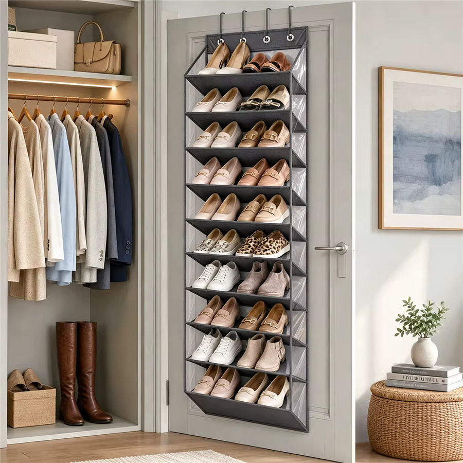 HGTUGO 10-stufiger Schuh-Organizer zum Aufhängen in Grau mit 4 Metallhaken für 20-30 Paar Schuhe, Sneaker oder Stiefel - Bild 2