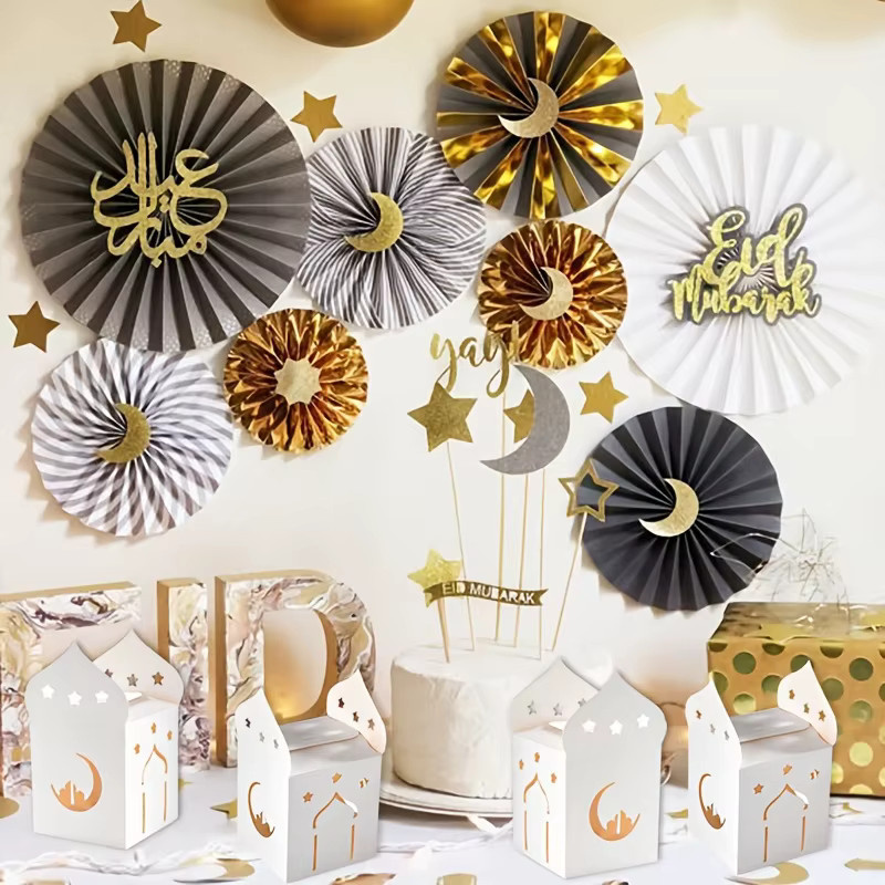 10 Stück Ramadan Mubarak Geschenkboxen aus Papier in Weiß mit Mond und Sternen Muster für Schokolade und Süßigkeiten zur Eid al-Fitr Party DIY Verpackung - Bild 3