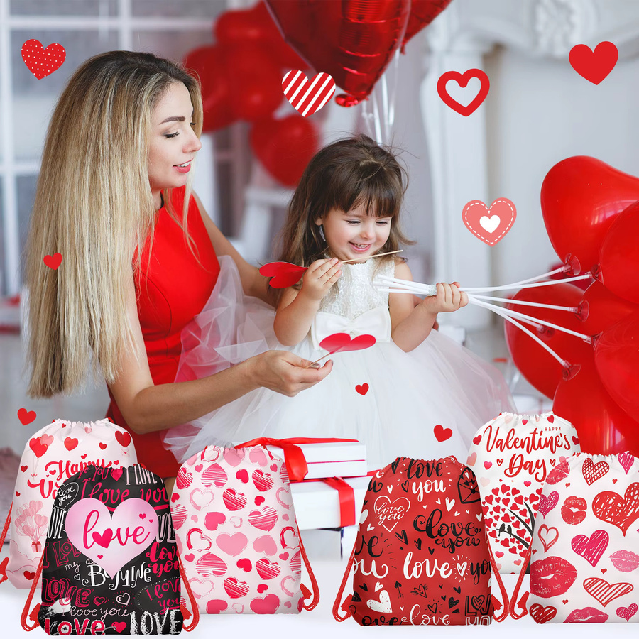 10 Stück Vlies Geschenktüten mit Herz-Motiv und Kordelzug als Geschenkverpackung und Aufbewahrungsbeutel für Valentinstag, Hochzeit oder Party - Bild 2