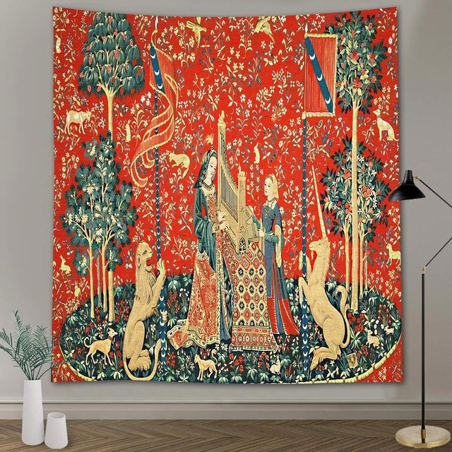 Wandteppich Mittelalterliche Dame und Einhorn von JMG Household Supplies, Kunstdruck Wandbehang in Rot, Breite: 150 cm, Höhe: 100 cm - Bild 1