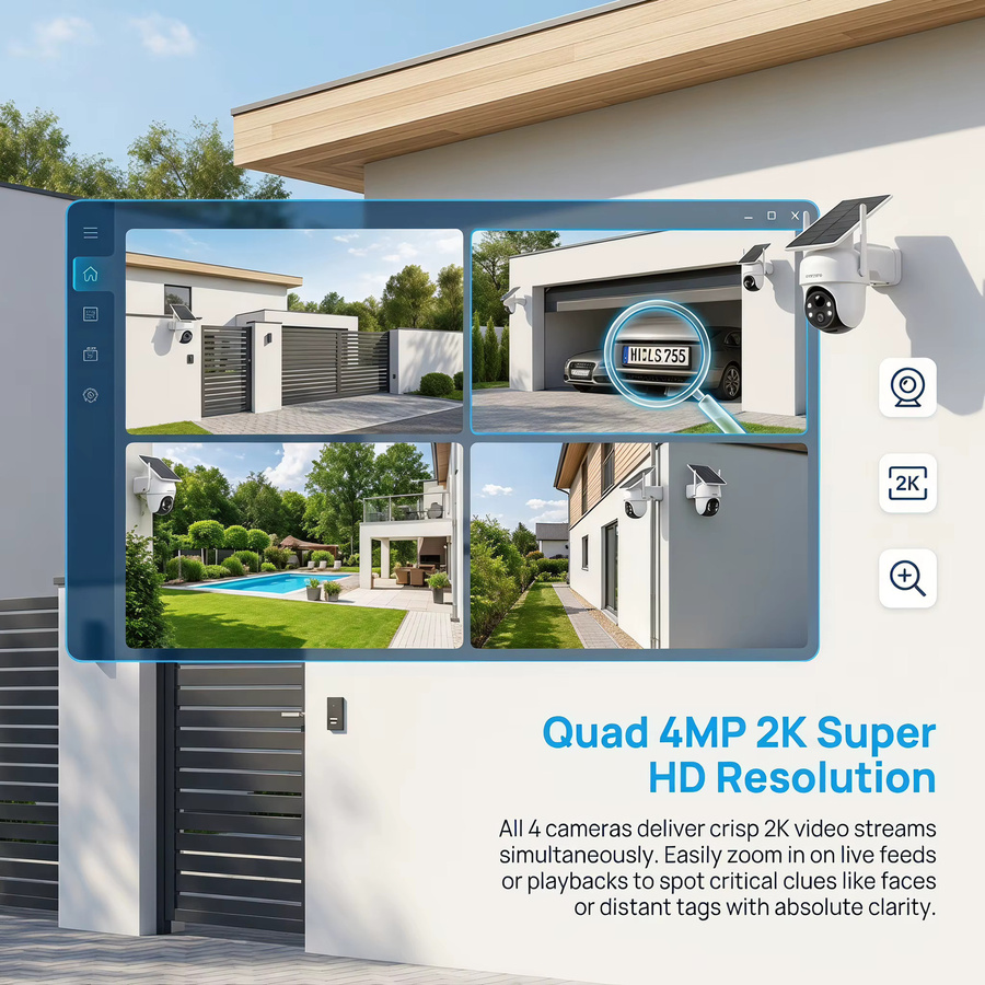ARCCTV 4MP Solar Wifi Kamera Kit Outdoor Wireless Sicherheit Überwachung Set mit Sirene, Alarm, Humanoider Erkennung und Zwei-Wege-Audio in Weiß - Bild 4