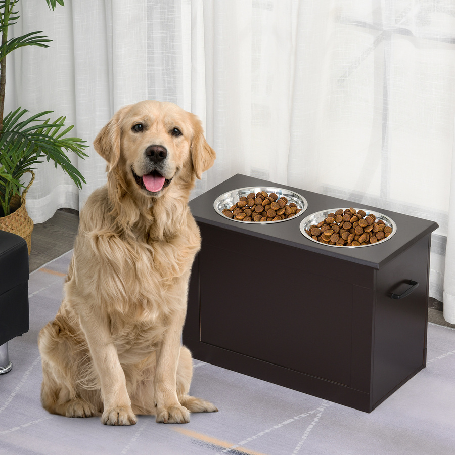 PawHut Futterstation mit 2 Edelstahlnäpfen und Stauraum, Farbe Espresso Braun, B/T/H: 60 x 30 x 41 cm - Bild 2