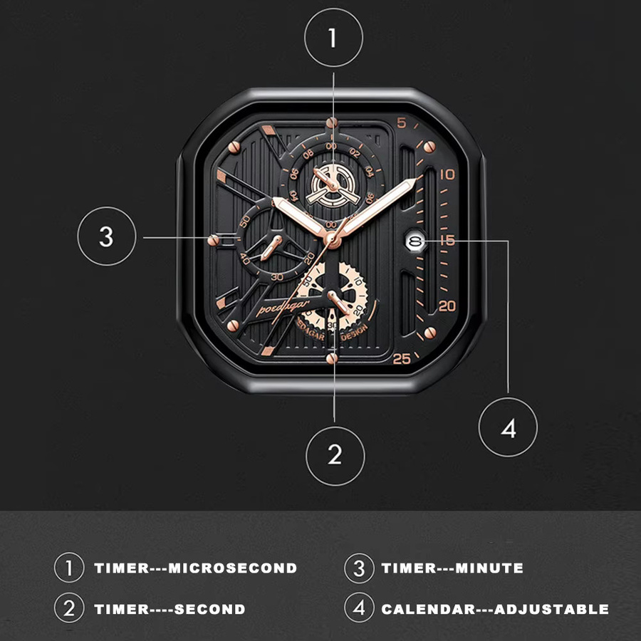 POEDAGAR Chronograph, Quarz, Leder, Schwarz, Herren - Bild 3