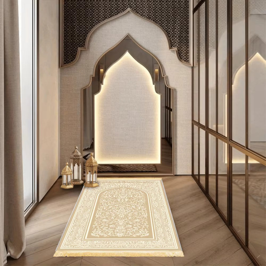 VIKAMA Gebetsteppich aus Polyester in Beige, rutschfeste und faltbare islamische Salah-Matte im orientalischen Design für Zuhause und Reisen - Bild 2
