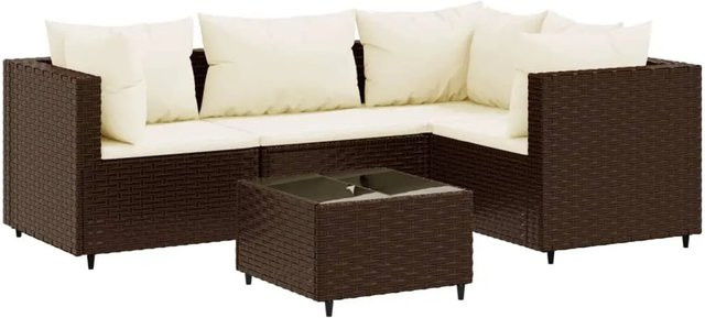 vidaXL 5-tlg Garten-Lounge-Set in L-Form aus braunem PE-Rattan mit Polsterkissen und Couchtisch - Bild 1