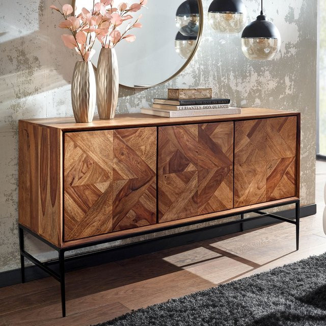 Finebuy Sideboard aus Massivholz Sheesham in Natur mit 3 Türen und schwarzen Metallakzenten im Industrial-Design, B/H/T: 123 x 45 x 70 cm - Bild 1