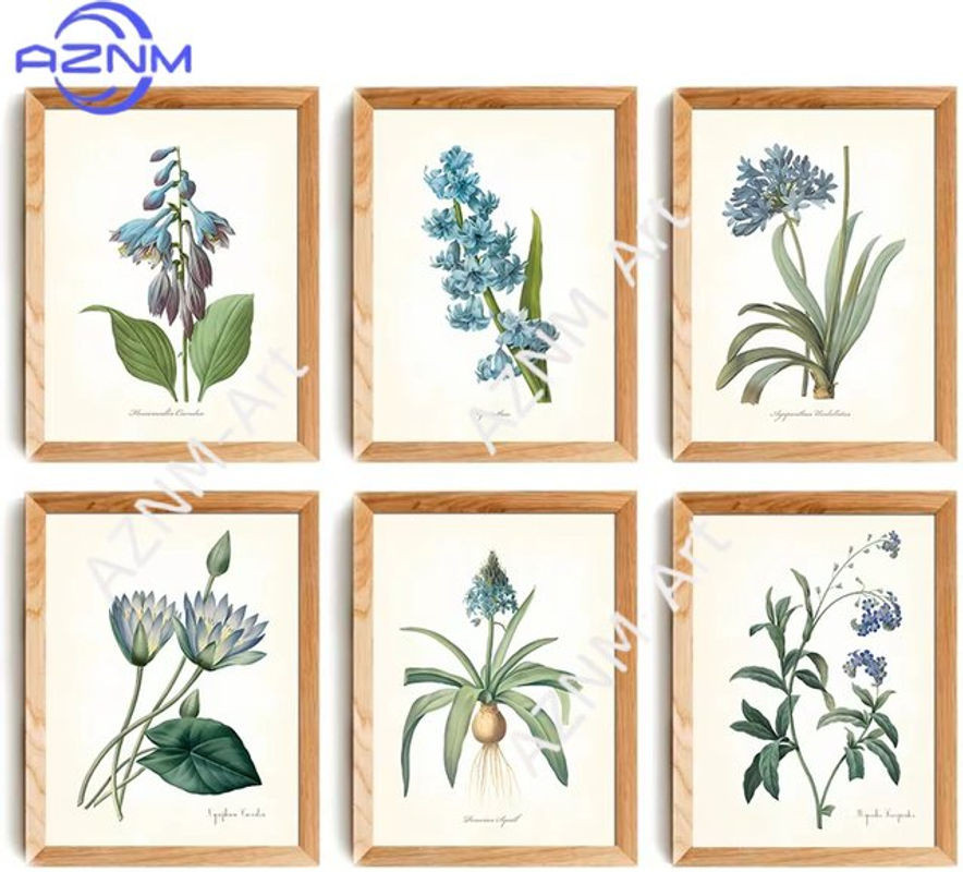 Potdemiel Leinwandgemälde mit botanischen blauen Blumen und grünen Blättern im Vintage-Stil, rahmenloses Wandbild für deine Heimdekoration - Bild 1