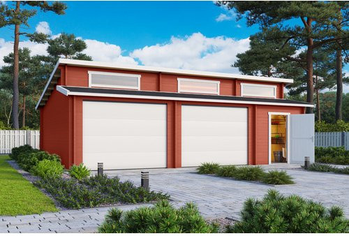Blockgarage Lasita Maja Hawaii in Schwedenrot mit Sektionaltoren, Außenmaß B: 820 cm, T: 579,6 cm - Bild 1