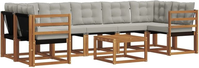 vidaXL Outdoor-Sofagarnitur 8-teilig aus Akazienholz in Braun mit hellgrauen Textilene-Kissen und Armlehnen - Bild 1