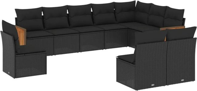 vidaXL 10-tlg. Garten-Sofagarnitur in U-Form aus Poly-Rattan und Akazienholz mit Kissen, Schwarz - Bild 1