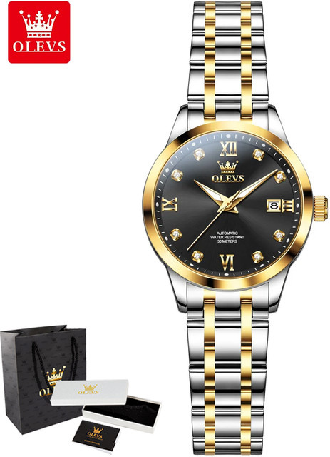 OLEVS Armbanduhr Automatik, Edelstahl, Schwarz, Silber, Damen - Bild 1