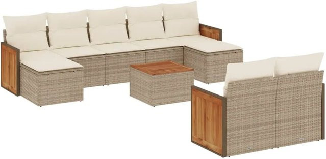 vidaXL 10-teilige Garten-Sofagarnitur aus Poly-Rattan und Akazienholz in Beige mit UV-beständigen Kissen - Bild 1