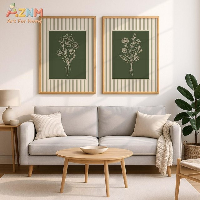 AZNM Minimalistische Botanische Wandkunst Salbeigrün Gestreifter Blumen-Linienkunst-Leinwanddruck für dein Wohnzimmer oder Schlafzimmer - Bild 1