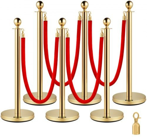 VEVOR Absperrpfosten Set aus Edelstahl mit roten Samtseilen und Kugelkopf, 6er-Pack zur Menschenmengensteuerung in Gold und Rot - Bild 1