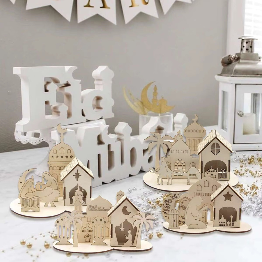 Tissy Holz Ornamente für Ramadan und Eid Al-Fitr, Beige, Tischdekoration Set mit Mondsichel, Stern und Tempel - Bild 2
