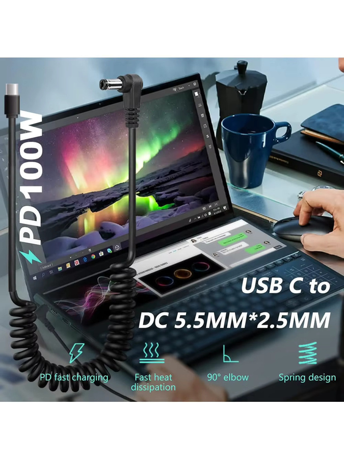 PD 100 W USB-C auf DC Ladekabel in Schwarz, Spiralkabel mit 5,5 x 2,5 mm Anschluss für Laptop-Schnellladung - Bild 6