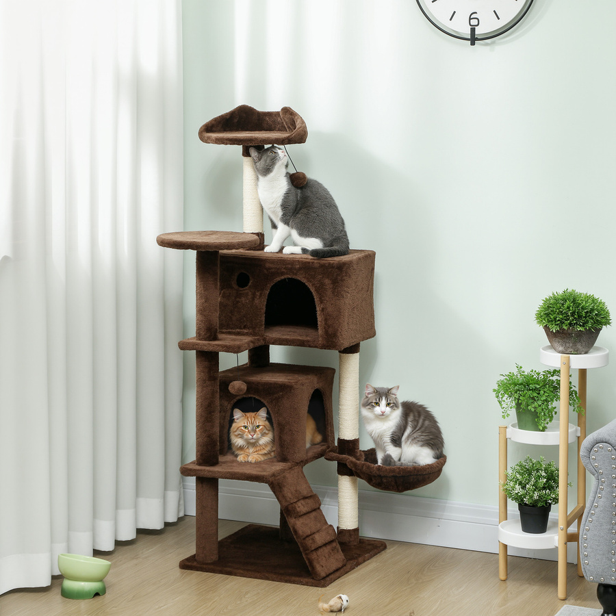 PawHut Kratzbaum für Katzen in Braun mit 2 Höhlen, Hängematte, Leiter, Spielbällen und Sisalstämmen, Höhe: 140 cm - Bild 2