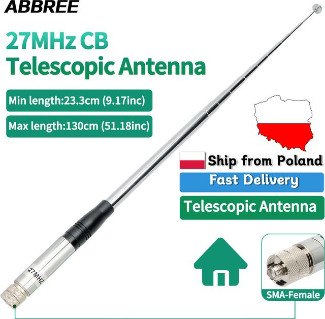 ABBREE 27MHz Teleskop-CB-Antenne in Silber, 2,15dBi Faltantenne für CB-Funkgeräte wie Cobra, Midland, Uniden, Maxon, President, Anytone, Bajeton und Radtel - Bild 1