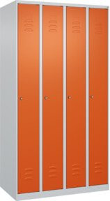C+P Spind Classic PLUS Garderobenschrank mit 4 Abteilen, Farbe Lichtgrau/Reinorange, H x B x T: 185 x 100 x 50 cm, mit Zylinderschloss und 3 Garderobenhaken - Bild 1