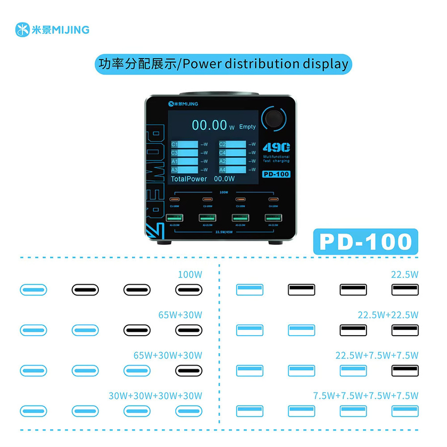 MIJING PD100 Smart-Ladestation mit digitaler Anzeige, kabellosem Laden und USB-Hub mit 4 USB-A und 4 Typ-C Anschlüssen für Smartphones, PCs, Uhren und iPads - Bild 5