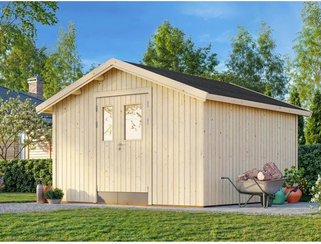 Palmako Lucas Holz-Gartenhaus Natur mit Satteldach und modernem Design, Unbehandelt, B: 348 cm, T: 354 cm, H: 259 cm - Bild 1