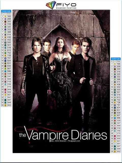 FIYO 5D-Diamant-Stickerei The Vampire Diaries Damon Stefan Elena Mosaikkunst mit Quadratbohrern, B/H: 30 x 40 cm, Multicolour - Bild 1