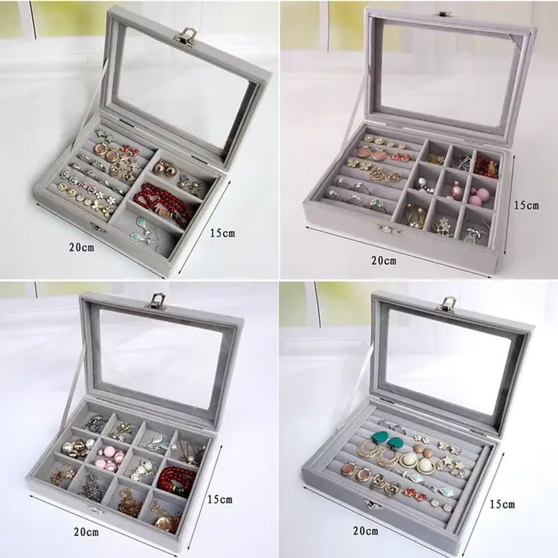 Amagi Schmuckdisplay Organizer aus Samt und Glas in Grau mit rechteckigem Tablett für Ringe und Ohrringe - Bild 3