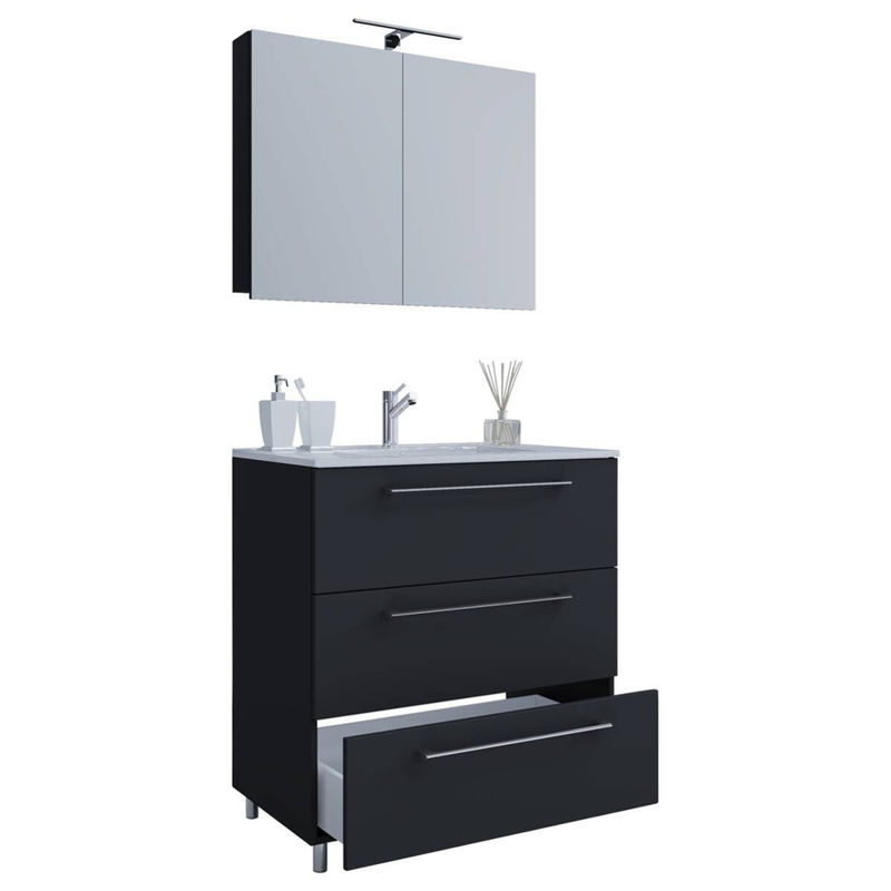 VCM 3-tlg. Badmöbel Set in Schwarz mit Unterschrank, Waschbecken und Spiegelschrank, B/H/T: 60 x 86 x 46 cm - Bild 2