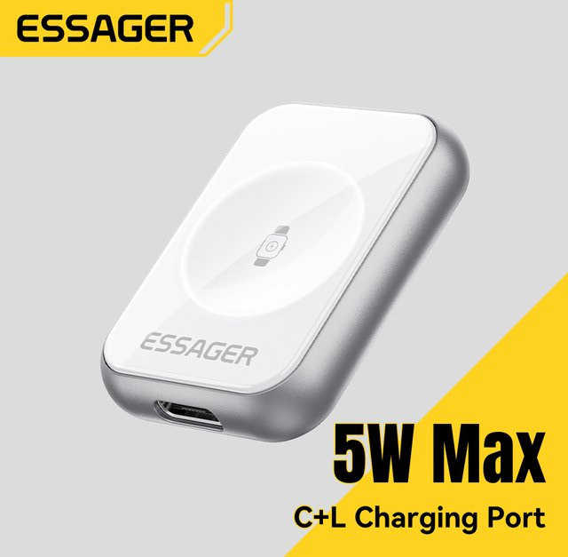 Essager 5W Magnetisches kabelloses Ladegerät für Apple Watch Series 9 8 7 6 SE mit USB-C auf Lightning Konverter in Weiß oder Silber - Bild 1
