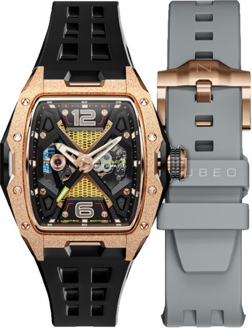 Nubeo Herrenuhr Automatik, Edelstahl, Tonneau, 46 mm, Silikon, Schwarz, 5 ATM - Bild 1