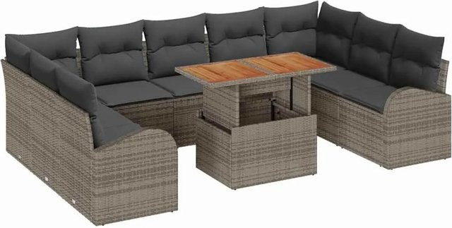 vidaXL Garten-Sofa-Set aus Polyrattan mit Kissen in Grau und Braun, 10-teiliges Lounge-Set für Garten und Terrasse - Bild 1