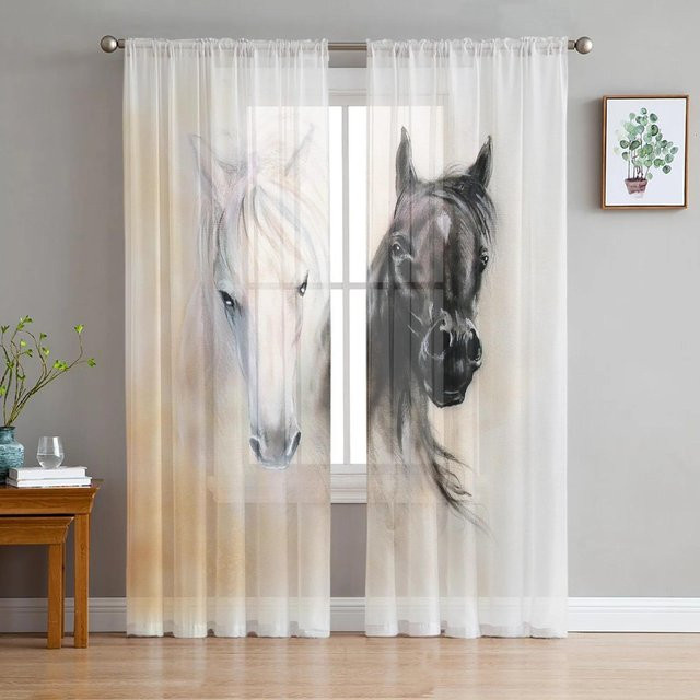 Transparenter Voile-Hängevorhang von A Family Of Home Textiles mit schwarz-weißem Pferd im Aquarell-Design, Farbe: Schwarz-weiß-transparent, B: 135 cm, H: 137 cm - Bild 1