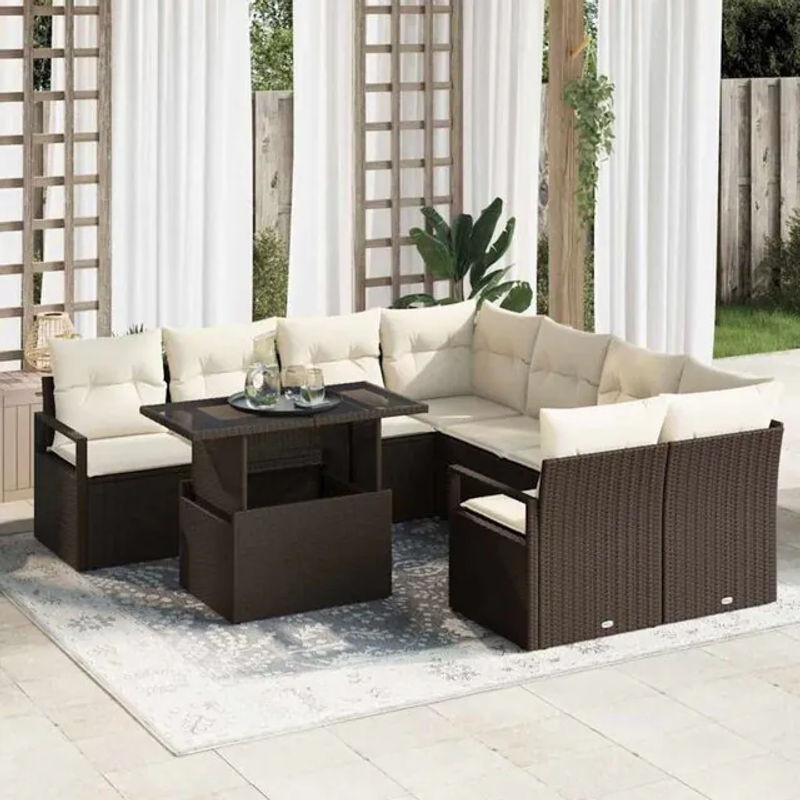 Vidaxl Garten-Sofa-Set aus Polyrattan und Stahl in Braun mit integriertem Speicher, 9-teiliges Loungemöbel-Set - Bild 1