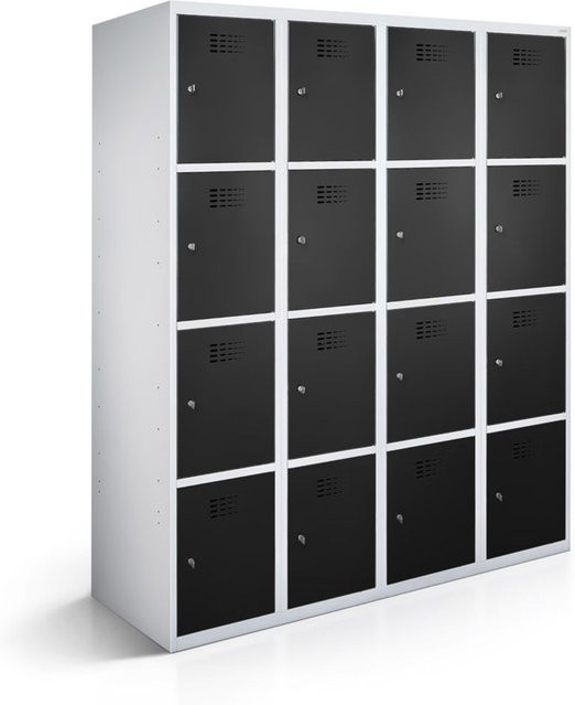 rotstahl Fächerschrank mit 16 Fächern aus Stahlblech, Korpus lichtgrau und Türen schwarz, B/T/H: 120 x 50 x 180 cm - Bild 1