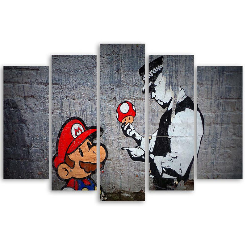 Fünfteiliger Leinwanddruck Feeby Banksy Mario Graffiti in Grau und Mehrfarbig, B: 100 cm, H: 70 cm - Bild 1