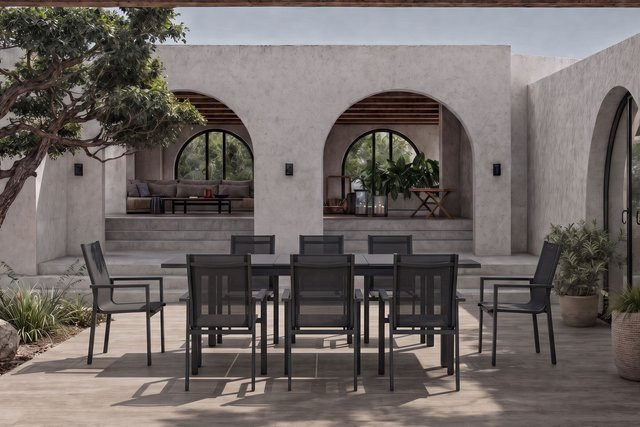 Siena Garden Miros Garten-Essgruppe aus Aluminium und Glas in Anthrazit/Dark Concrete mit Ausziehtisch und 8 Stapelsesseln, B/T/H: 180/240 x 90 cm - Bild 1